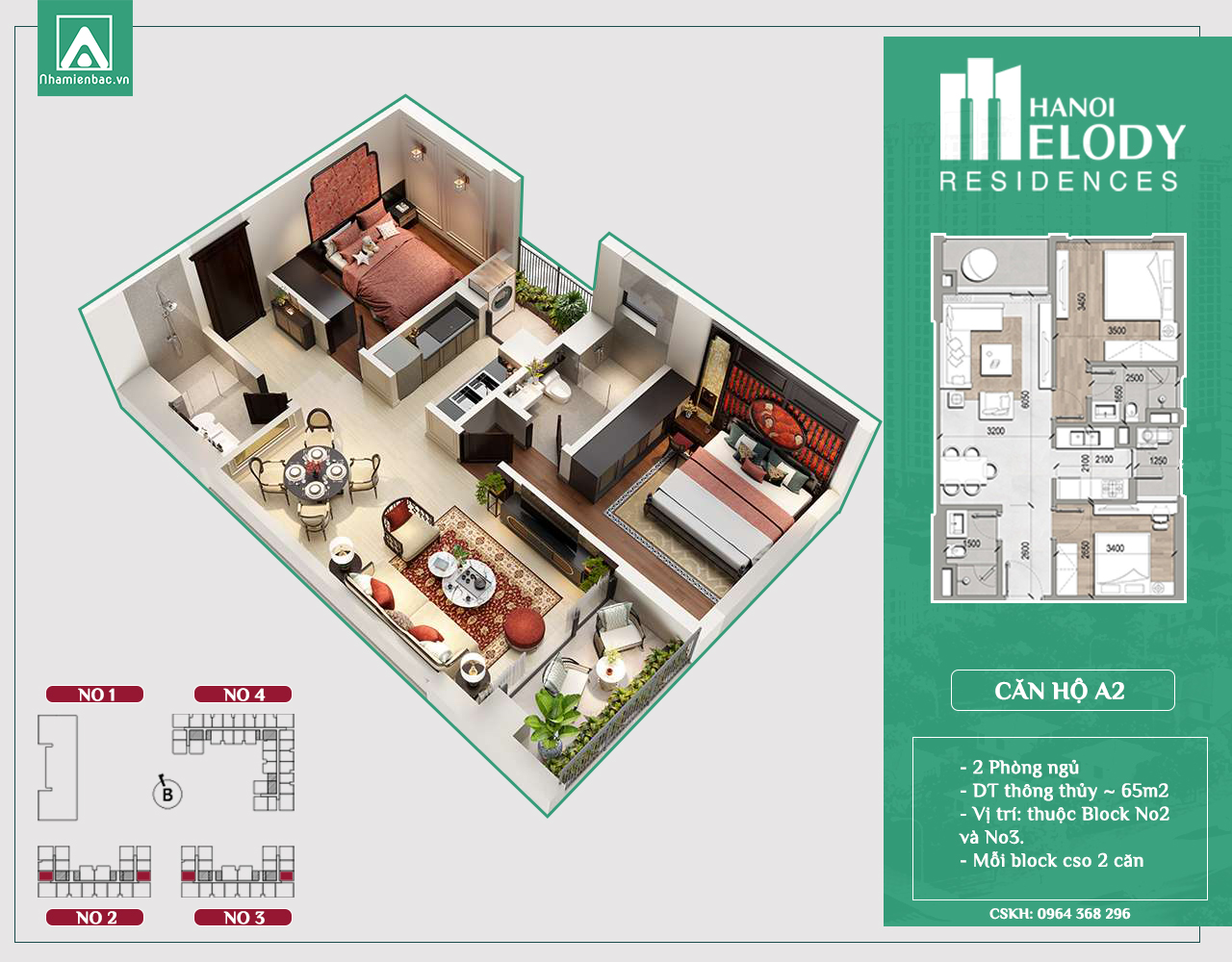 Căn 2 phòng ngủ mẫu A2 chung cư Hanoi Melody Linh Đàm Residences