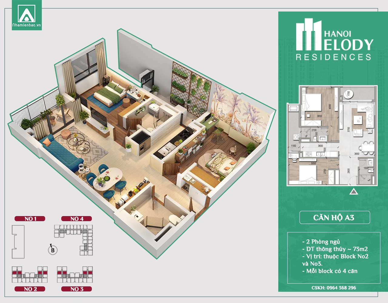 Căn 2 phòng ngủ mẫu A3 chung cư Hanoi Melody Linh Đàm Residences