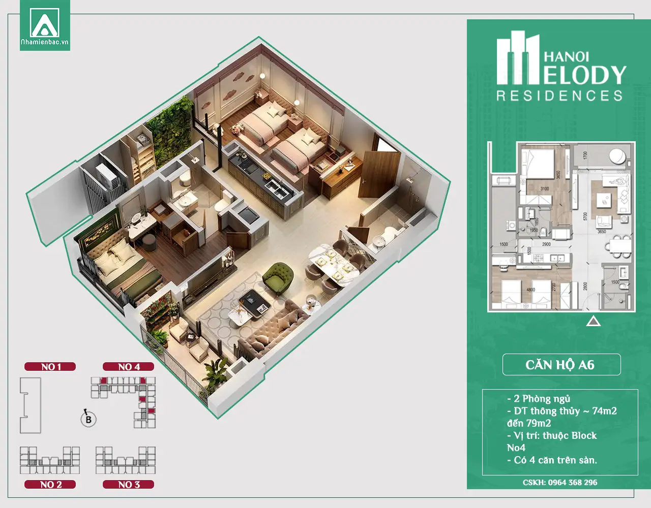 Căn 2 ngủ mẫu A6 chung cư Hanoi Melody Linh Đàm Residences